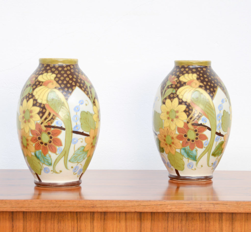 Rare Pair of Polychrome Vases by Charles Catteau and Jan Wind for Boch Keramis, 1934
