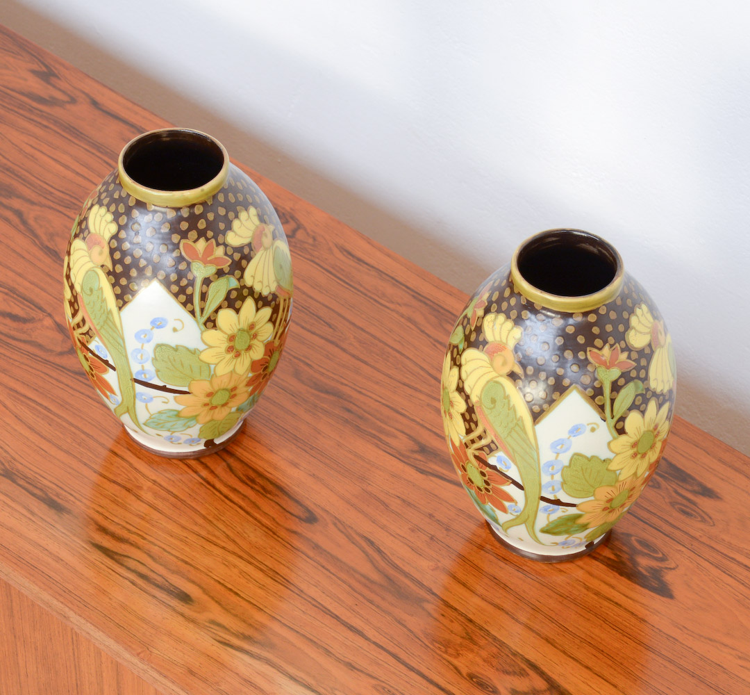 Rare Pair of Polychrome Vases by Charles Catteau and Jan Wind for Boch Keramis, 1934