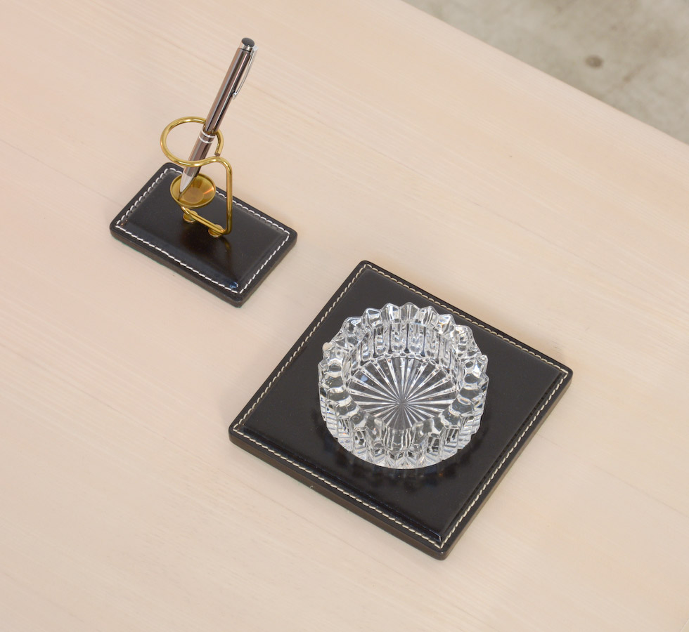 Luxurious Black Leather Desk Set attributed to Jacques Adnet