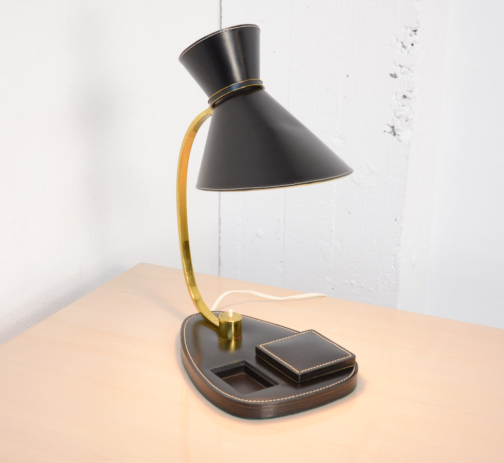 Luxurious Black Leather Desk Set attributed to Jacques Adnet