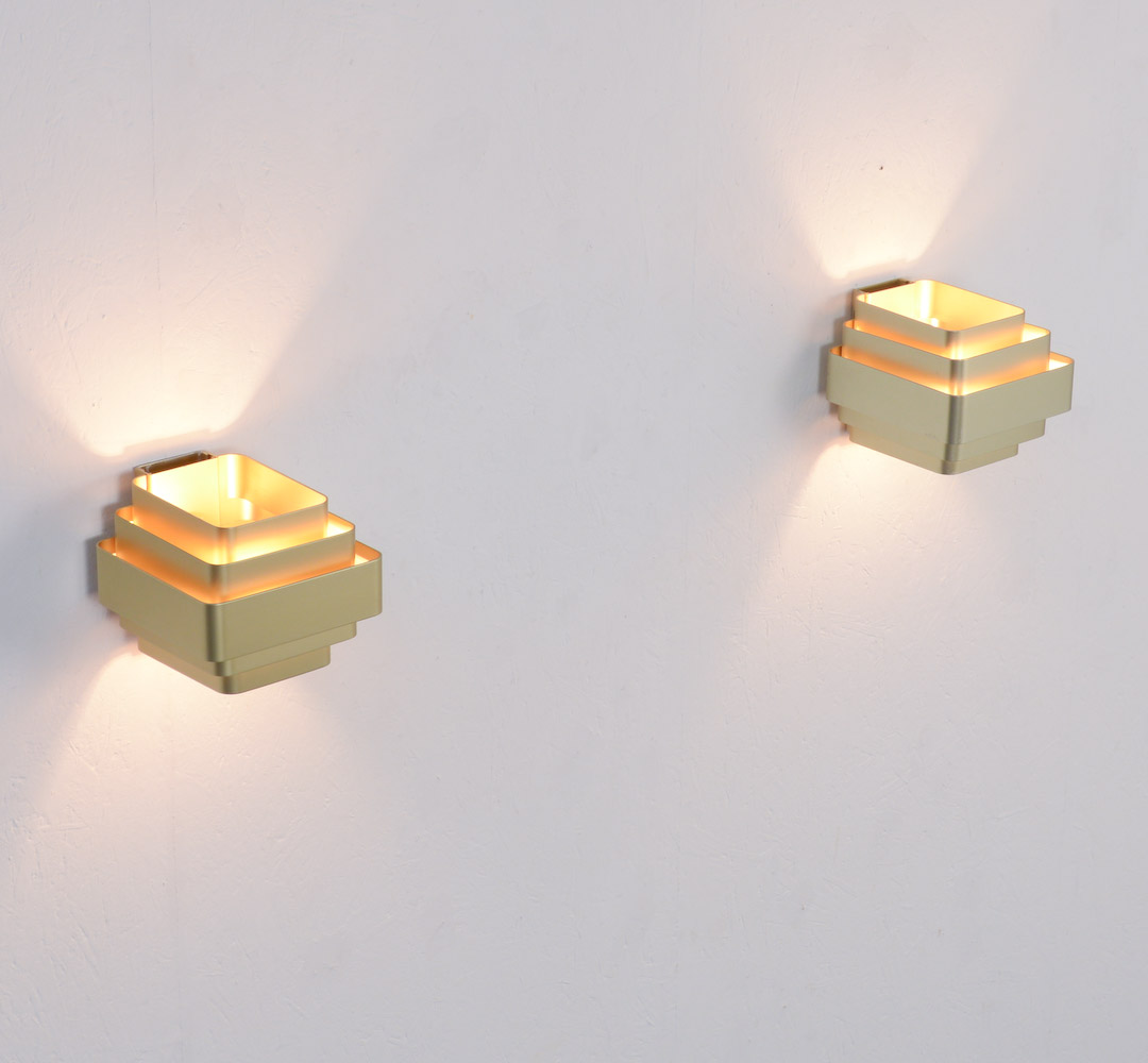 Pair of Gold Colored Aluminum Wall Lamps by Jules Wabbes