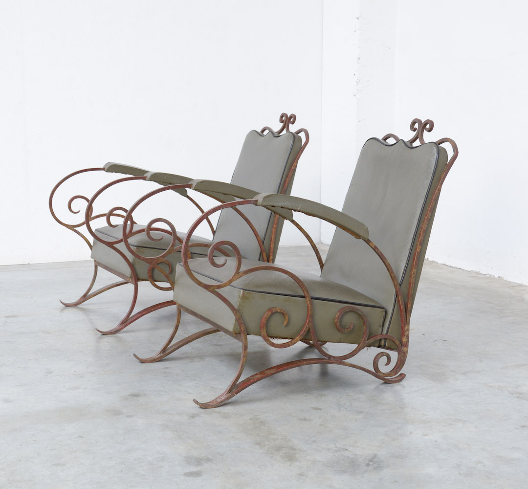 Elegant Pair of Wrought Iron Easy Chairs in the manner of René Drouet