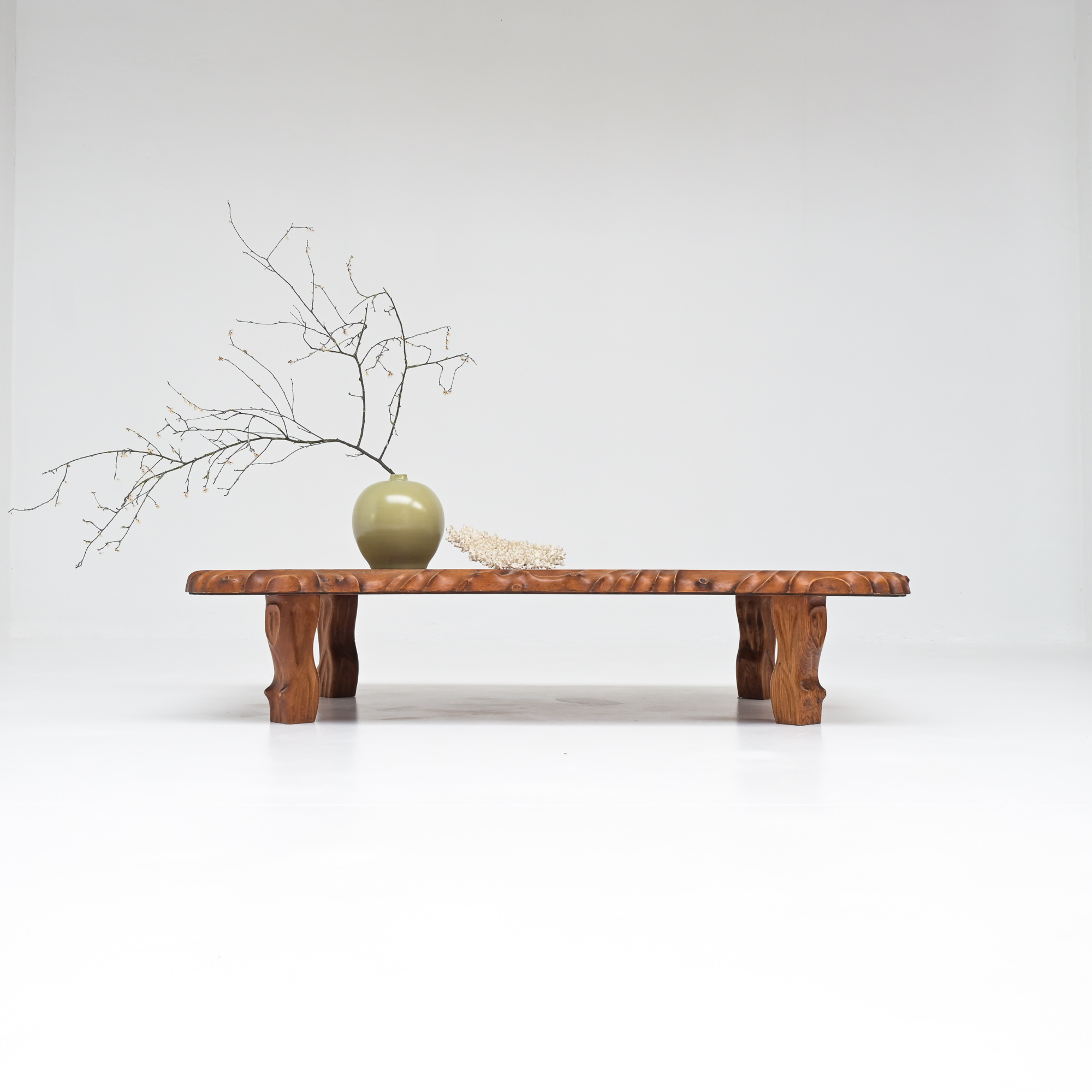 Japanese Brutalist Carved Low Coffee Table - Vintage Design